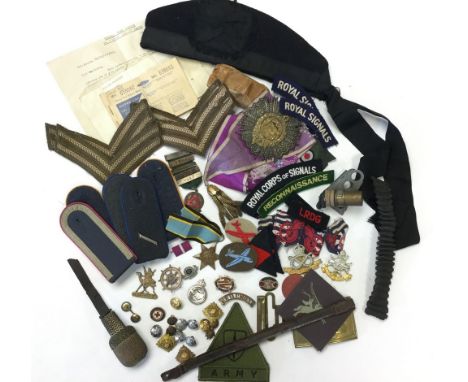 WW2 British insignia and other mixed items to include: Scottish Glengarry cap marked "Warranted Indigo dye Glengarry" with Ki
