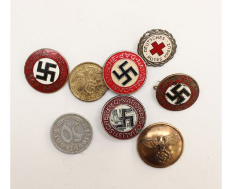 WW2 Third Reich NSDAP membership badges x 4. One with button hole device, late war painted finish RZM M1/42: Another late war