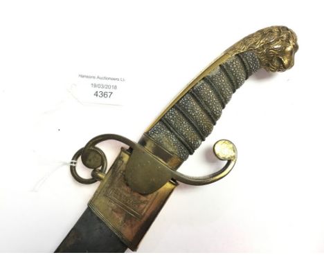 Royal Navy Georgian era Officers Dirk. Lions Head pommel. Shagreen covered wire bound grip. 37cm long blade. The leather to t