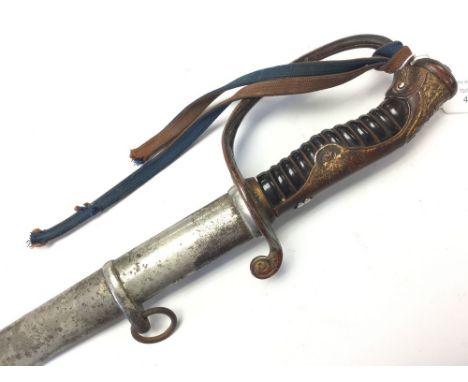 WW2 Imperial Japanese Police Officers Sword. 83cm long blade. Buffalo horn grip with silver Mon. Some original gilt remaining