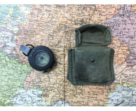 WW2 British MKIII compass dated 1940 with good original finish in a 1937 pattern pistol ammo pouch with a Daily Telegraph War