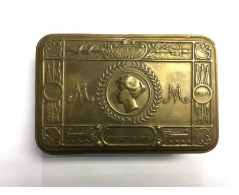WW1 British Princess Mary's Christmas 1914 gift tin and a 'Mother' sweetheart brooch with Mother of Pearl backing and blue en