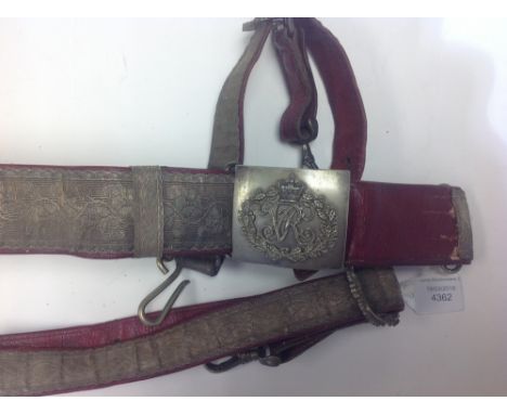 Victorian Army Officers belt with "VR" Monogram buckle. Complete with both sword hanging straps. The brocade belt and straps 