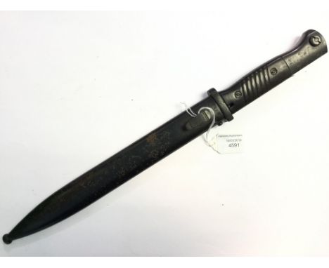 WW2 Third Reich K98 Bayonet. Bakelite grips. 25cm blued blade marked "J.Sch" and serial numbered "6994 e". In non matching sc