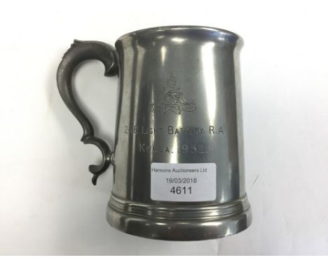 British Army Korean War interest: a Pewter tankard named to "Gnr. G Lannigan, 248 Light Battery RA. Korea 1952". Approx 12cm 