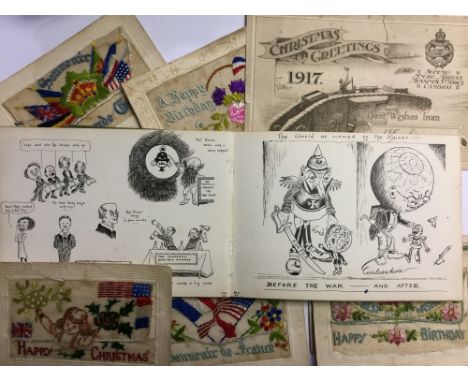 WW1 British Silk Post cards x 8, WW1 Tank Corps Christmas Greetings Card 1917 showing WW1 Male tank, and a sketch book dated 