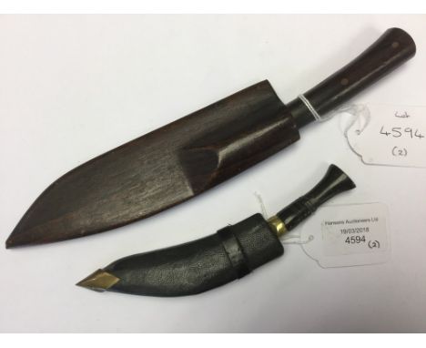 WW2 pair of Trench Art miniature knives. The first is a mini Kukri knife which measures 15cm overall with a 10cm long blade. 