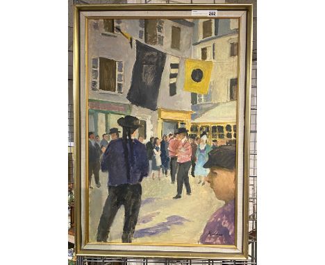 GUY LINDSEY RODDON - SPANISH FIGURES IN STREET SCENE - SIGNED 24.5CMS (H) X 36.5CMS (W) APPROX &amp; 26.5CMS (H) X 34.5CMS (W
