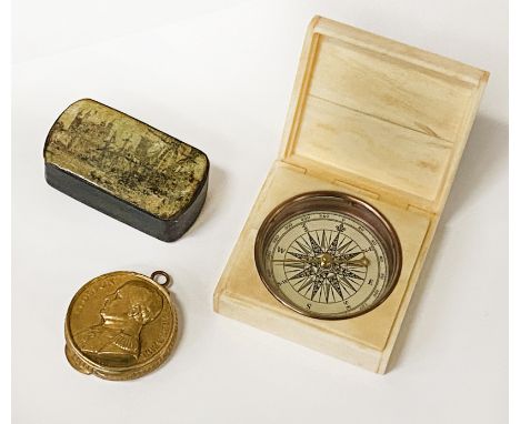 ENGLISH SNUFF BOX - TOWER OF LONDON IN PAPIER MACHE WITHA FRENCH NAPOLEONIC SNUFF BOX WITH A CASED COMPASS
