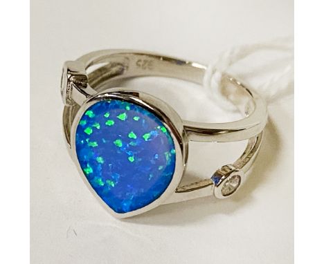 STERLING SILVER WHITE TOPAZ &amp; OPAL RING - SIZE M/N