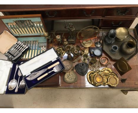 Gong on stand and brass items to include Art Nouveau