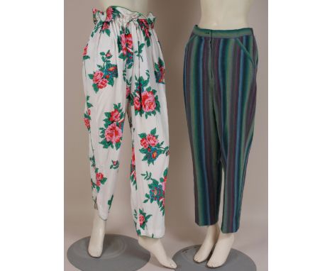 TWO PAIRS CIRCA 1970'S 'KENZO JAP' TROUSERS 50% wool trousers, striped in rainbow colours, zipped and fastened at the front, 