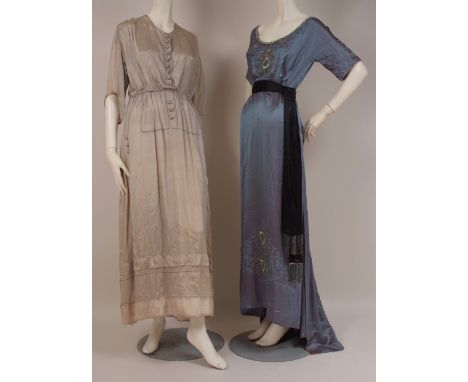 TWO EDWARDIAN SILK TEA DRESSES Very fine soft blue silk embroidered and embellished with diamante, blue and silver beads. Wit