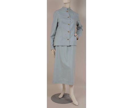 A 1960'S LIGHT BLUE HERRINGBONE SKIRT/JACKET SUIT Soft wool tailored suit with nerhu neck and pretty buttons down the front o