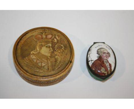 19THC ITALIAN CARVED HORN BOX a carved circular box with a religious figure on one side (possibly Pope Pius VII) and various 