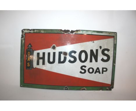 HUDSON'S SOAP ENAMEL SIGN a pictorial enamel sign for QAS Hudson's Soap. 45cms by 28cms