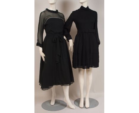 TWO 1960'S VINTAGE DESIGNER COCKTAIL DRESSES High necked, with belted waistband, black rayon chiffon.  The dress is lined wit