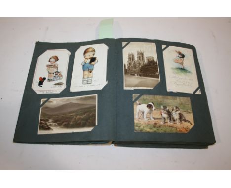 POSTCARD ALBUM including Comic Cards (Mabel Lucie Attwell, Bonzo, Louis Wain etc), GB content (Cheltenham, Ilfracombe, Malver