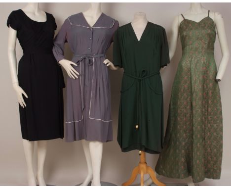 A COLLECTION 1940/50'S DRESSES A WW11 Air force blue crepe dress with pretty collar piped in white braid and original button 