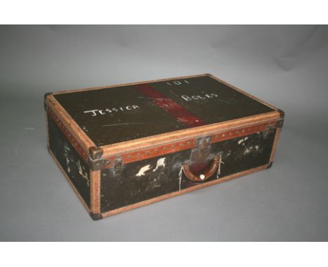 VINTAGE LOUIS VUITTON TRUNK a vintage trunk with brass patent lock and monogrammed exterior and leather trim, the lock stampe