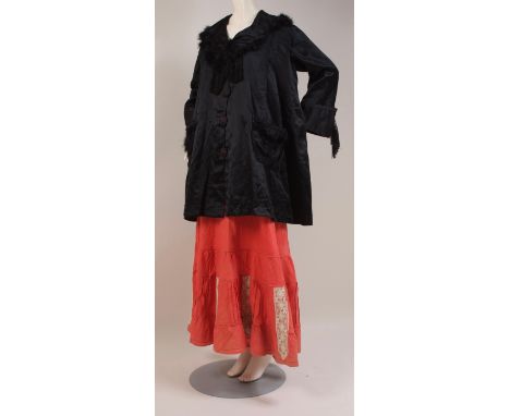 A LARGE COLLECTION OF VICTORIAN SKIRTS  & SATIN COAT Day skirts made from heavy Victorian silks, cotton and wool.  Along with