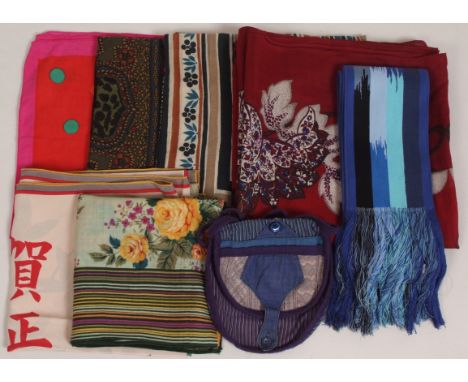 A COLLECTION OF KENZO SCARVES, PURSE  & SASH Three wool shawls, two cotton scarves and one silk scarf 'Bonne annee 1984' Kenz