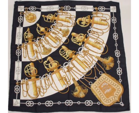 A BOXED 'HERMES' SCARF A 'Hermes Paris' 'CLIQUETS' silk twill. 88cms x 90cms. Packaged in it's original box. Good condition (