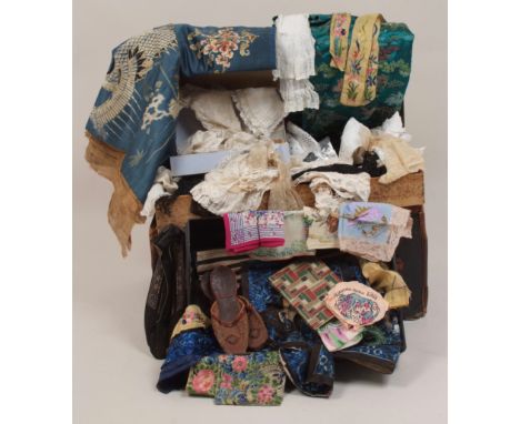 A LEATHER TRUNK OF LACE & CHINESE SILK A Treasure trove of lace, hankies, Chinese embroidered silk and other bits and bobs. (