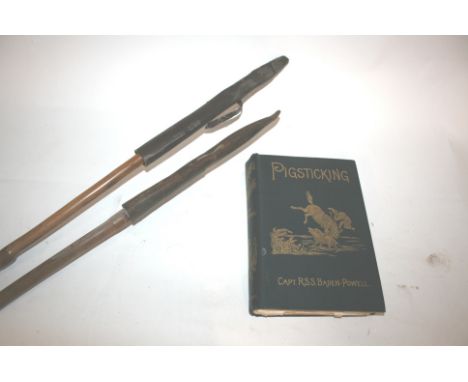 1ST EDITION PIG STICKING BOOK & TWO PIG STICKS a 1st Edition, Pigsticking by Capt R.S.S Baden-Powell, Published by Harrison &