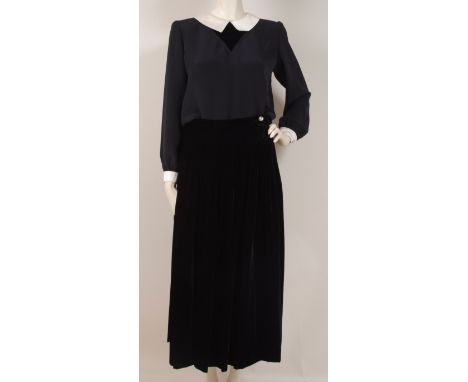 A VINTAGE 'VALENTINO' SKIRT AND BLOUSE ENSEMBLE Elegant and smart, soft viscose velvet black skirt.  Pin-tucked around the wa