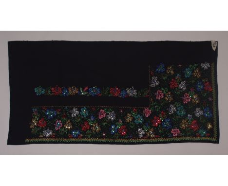 A RUSSIAN WOOL & BEADED CLOTH & ART DECO RUNNER. A heavy black wool cloth, beaded in colourful butterfly and flower motifs. 2