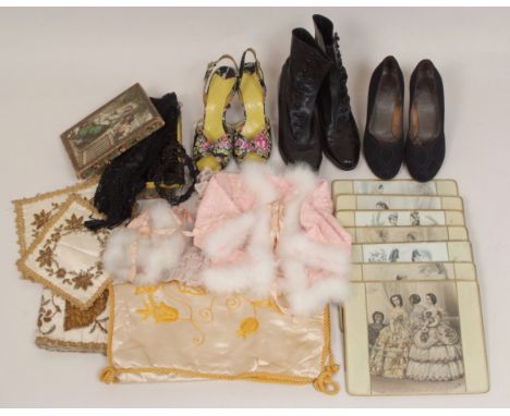 A MIXED LOT OF VINTAGE ITEMS Black button boots, 1950's flowery sling back shoes, 7 x glass mats, box of beaded embellishment