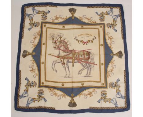 HERMES SCARF - 'HARNAIS FRANCAIS PREMIER EMPIRE' Silk twill in blue 86' X 86'  Good condition.