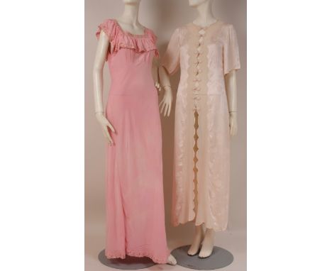 TWO BEAUTIFUL 1930'S SILK NIGHT GOWNS An exquisite Chinese damask silk gown with embroidered crepe de chine scalloped down th