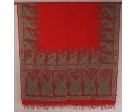 A C19TH PAISLEY SHAWL & SILK SCARF A beautiful green and red paisley print shawl in wonderful condition. 70" x 80". And a pre