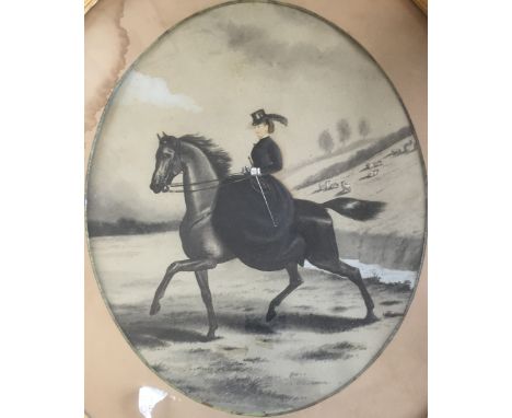 ENGLISH SCHOOL, Circas 1900 PORTRAIT OF MRS FLORENCE ALICE BAILEY (nee MARSHMAN), OUT RIDING Ink and wash en grisaille, oval 