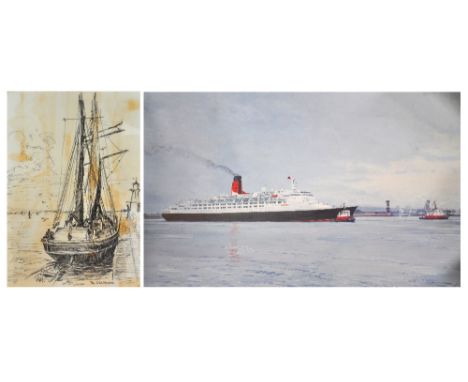 AFTER OSSIE JONES; a commemorative limited edition print "Time & Tide" Cunard Liner Queen Elizabeth II passing Salisbury Dock