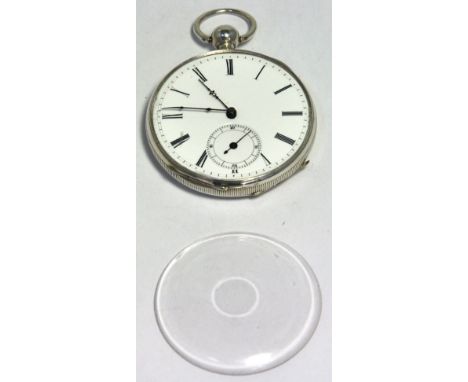 A white metal open faced pocket watch, white enamel dial set with Roman numerals and subsidiary seconds hand.