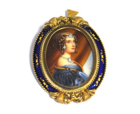 A Continental 15ct gold and blue enamel framed portrait brooch with a hand painted figure of a young lady on a porcelain plaq