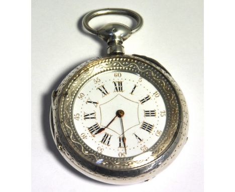 A Continental silver open face pocket watch with unusual enamel and gilt heightened dial.