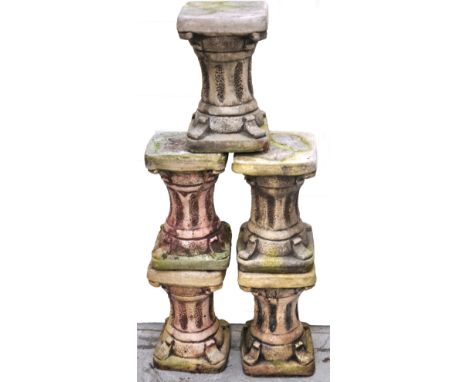 Five composite stone garden jardinière stands of classical column form on square sectioned bases (5).