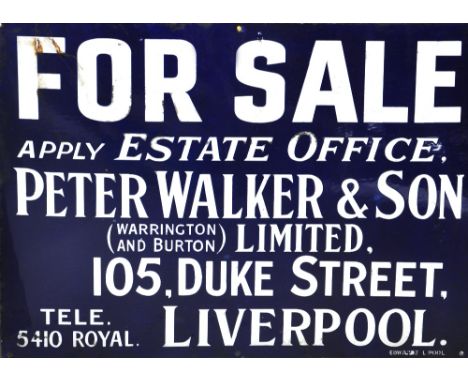 An enamel advertising sign "For Sale Apply Estates Office peter Walker & Son 105 Duke Street Liverpool", white lettering on a