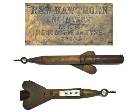 A makers plaque inscribed R&W. Hawthorn Engineers No.1233 Newcastle on Tyne 1864, mounted on a wooden plaque, 18 x 35.5cm, al