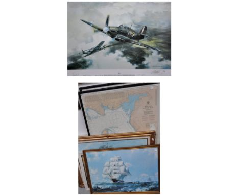 Eight prints and paintings to include an limited edition print "Duel", signed by the pilot H. Bird Wilson and crew, Sticks Gr