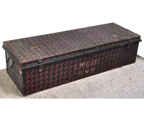 A large metal box of rectangular form with carrying handles inscribed "L.M.McClure R.N.R.R." related to one Lawrence McClure 