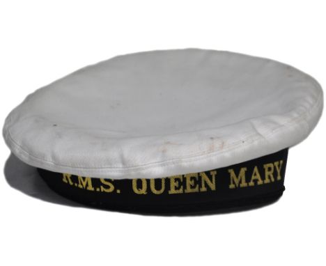 A vintage sailor's cap with band inscribed "R.M.S. Queen Mary", internal diameter approx 18cm.