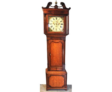 A George III oak longcase clock, the arched hood and arched brass dial set with silvered chapter ring, strike/silent dial, su