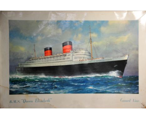 A mid 20th century pictorial enamel poster of the Cunard Line R.N.S "Queen Elizabeth", 46 x 71cm.