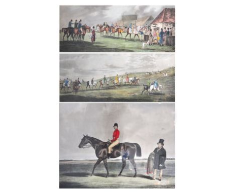 AFTER HENRY ALKEN; a pair of prints, one entitled "Newmarket Training" and the other "Ipswich Weighing", both 21 x 64 cm,. fr