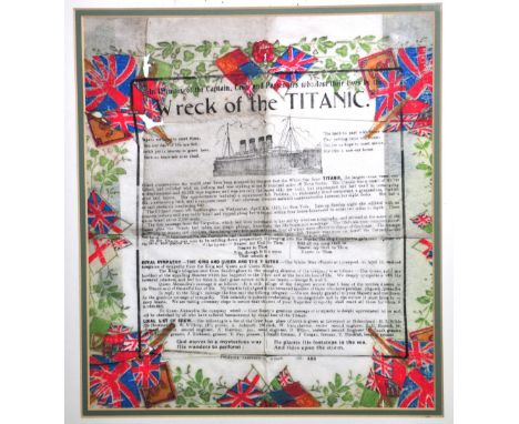 The Titanic; An unusual printed commemorative napkin produced by Palatine Printing in Wigan inscribed "In Memory of the Capta